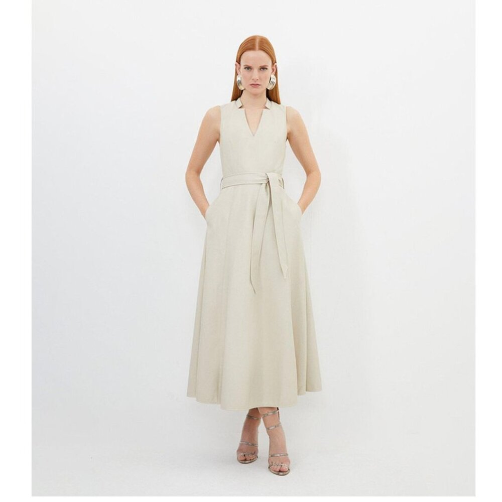 KAREN MILLEN NWT Faux Leather V-Neck Belted Full Skirt Maxi Dress Cream Size 12